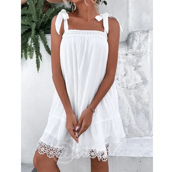 White A-Line Short Dress Tie Straps Guipure Detail - Picture 6 of 7